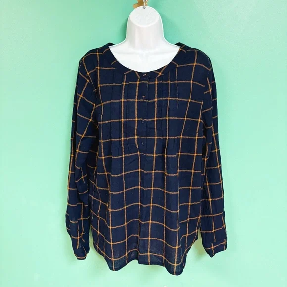 Skies Are Blue Navy Blue & Gold Plaid Erina Henley Top Womens XL - Picture 2 of 8